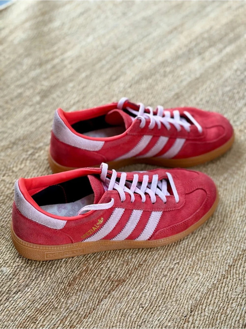 Adidas Red Suede Sneakers with Light Pink Stripes - Picture 3 of 7
